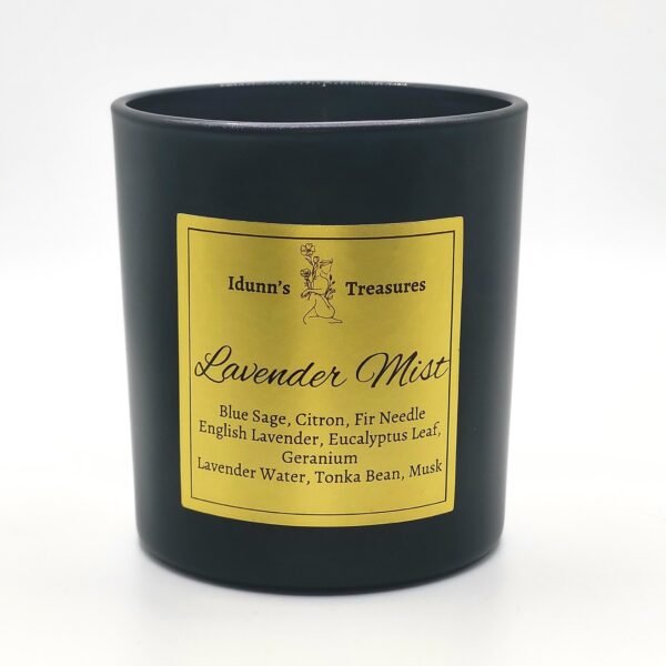 Handmade Lavender Scented Candle with natural soy wax, infused with lavender, eucalyptus, and sage for a calming, relaxing atmosphere. Shop at IdunnsTreasures.com.