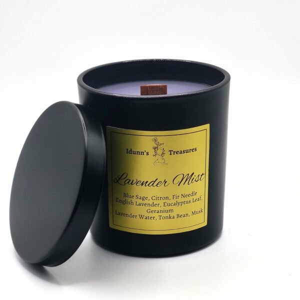Handmade Lavender Scented Candle with natural soy wax, infused with lavender, eucalyptus, and sage for a calming, relaxing atmosphere. Shop at IdunnsTreasures.com.