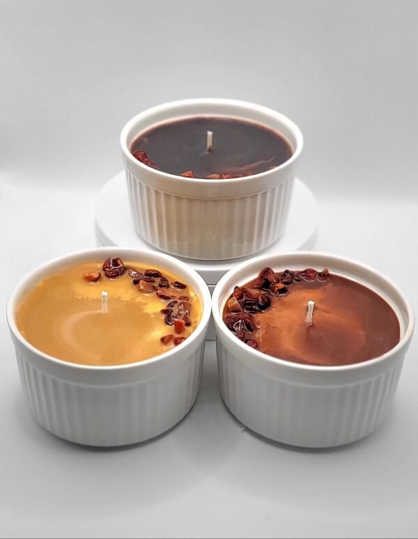 Luxurious trio candle set with rich chocolate, bold espresso, and hot fudge brownie fragrances, infused with Red Brown Jasper and Carnelian gemstones for a decorative and calming experience.