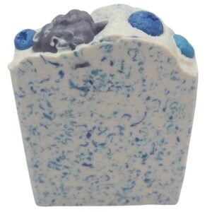 Vibrant handmade blueberry soap bar with swirls of deep berry hues and creamy highlights. Infused with fresh blueberries, ripe berries, citrus zest, and soft floral notes of frangipani, resting on a warm woody and sheer musk base — a fruity, refreshing treat for the senses.